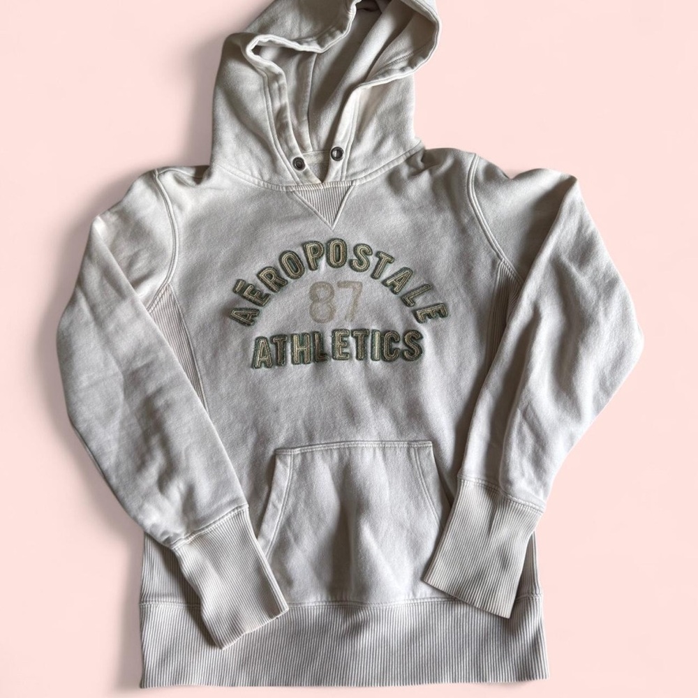 Aeropostale Cream Hoodie with Green Accent 'Athletics' Applique